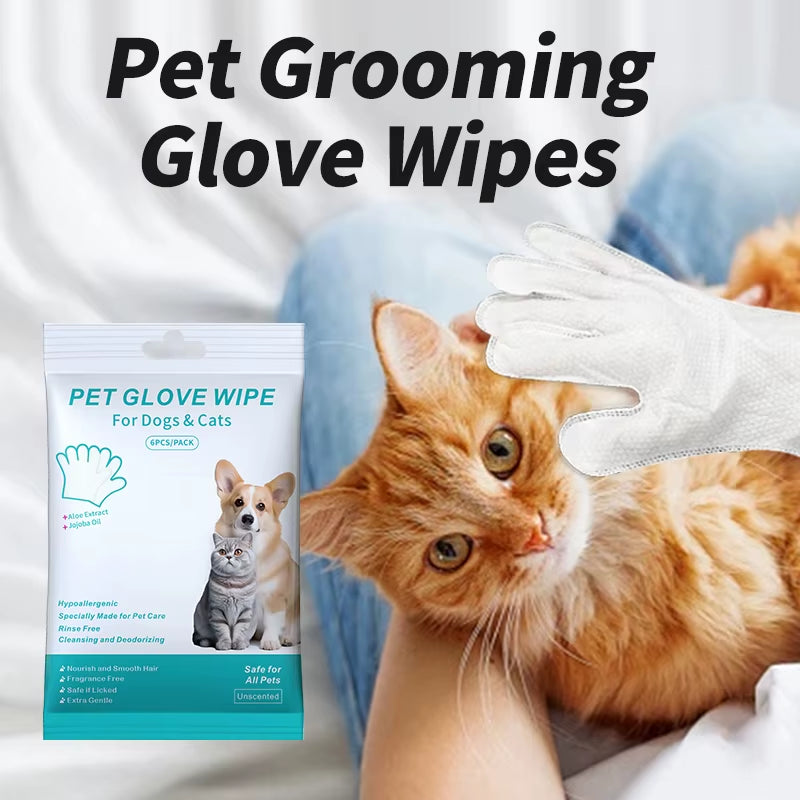 6-Pack Disposable Pet Cleaning Gloves - Wash-Free Bath Wipes for Cats and Dogs, Gentle Deodorizing and Convenient Care