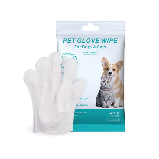 6-Pack Disposable Pet Cleaning Gloves - Wash-Free Bath Wipes for Cats and Dogs, Gentle Deodorizing and Convenient Care