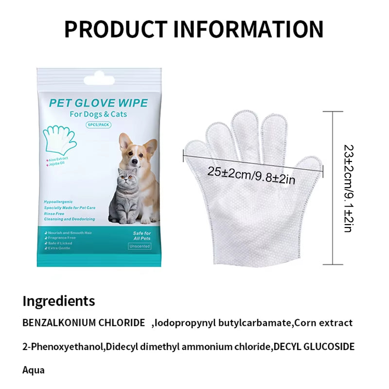6-Pack Disposable Pet Cleaning Gloves - Wash-Free Bath Wipes for Cats and Dogs, Gentle Deodorizing and Convenient Care