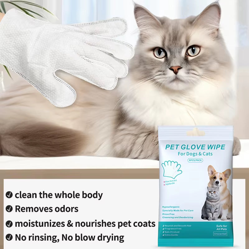 6-Pack Disposable Pet Cleaning Gloves - Wash-Free Bath Wipes for Cats and Dogs, Gentle Deodorizing and Convenient Care